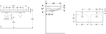 GEBERIT SMYLE SQUARE dvojumyvadlo 120 cm, se 2 otvory pro baterie a přepadem 500.223.01.1 Technický nákres