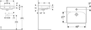 GEBERIT SMYLE SQUARE umývátko 50 cm, s otvorem pro baterii a přepadem 500.256.01.1 Technický nákres