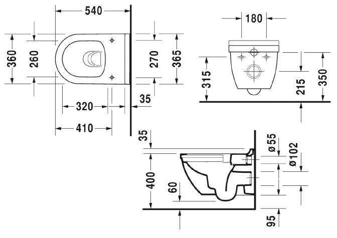 DURAVIT STARCK 3 závěsné WC, Rimless splachování 2527090000 Technický nákres