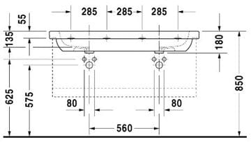 DURAVIT D-CODE dvojumyvadlo 120 cm, se 2 otvory pro baterie a přepadem 03481200002 Technický nákres