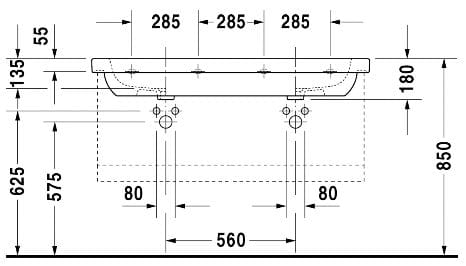 DURAVIT D-CODE dvojumyvadlo 120 cm, se 2 otvory pro baterie a přepadem 03481200002 Technický nákres