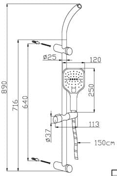 EASY sprchová souprava 3-dílná, ruční sprcha 120x120 mm, 3 proudy, tyč, hadice, chrom JA194 Technický nákres