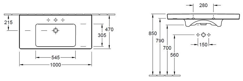 VILLEROY & BOCH VERITY DESIGN 2.0 umyvadlo 100 cm, s otvorem pro baterii a přepadem, alpská bílá 4A94A001 Technický nákres