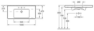 VILLEROY & BOCH VERITY DESIGN 2.0 umyvadlo 100 cm, s otvorem pro baterii a přepadem, alpská bílá 4A94A001 Technický nákres