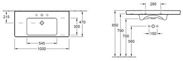 VILLEROY & BOCH VERITY DESIGN 2.0 umyvadlo 100 cm, s otvorem pro baterii a přepadem, CeramicPlus, alpská bílá 4A94A0R1 Technický nákres