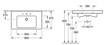 VILLEROY & BOCH VERITY DESIGN 2.0 umyvadlo 80 cm, s otvorem pro baterii a přepadem, alpská bílá 4A948001 Technický nákres