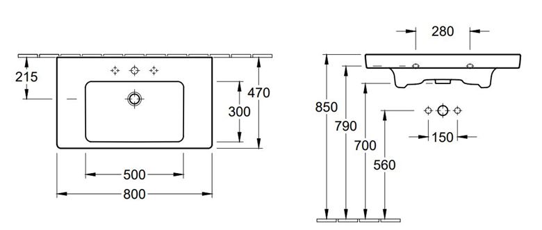 VILLEROY & BOCH VERITY DESIGN 2.0 umyvadlo 80 cm, s otvorem pro baterii a přepadem, alpská bílá 4A948001 Technický nákres