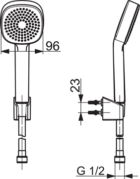 HANSA BASICJET STYLE sprchová souprava 3-dílná, ruční sprcha 96x96 mm, hadice, držák, chrom 44600113 Technický nákres