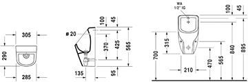 DURAVIT D-CODE pisoár, zadní přívod vody, Rimless splachování 0829300000 Technický nákres