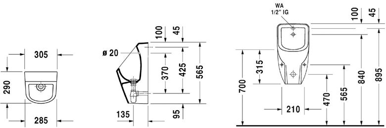 DURAVIT D-CODE pisoár, zadní přívod vody, Rimless splachování 0829300000 Technický nákres