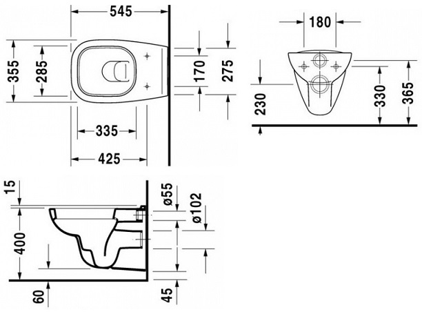 DURAVIT D-CODE závěsné WC 25350900002 Technický nákres