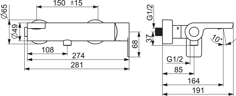 HANSA STELA vanová nástěnná baterie, s přepínačem, chrom 57742173 Technický nákres