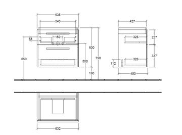 VILLEROY & BOCH VERITY DESIGN 2.0 skříňka pod umyvadlo 63,5x45x60 cm, 2 zásuvky, Glossy White B07500DH Technický nákres
