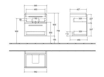 VILLEROY & BOCH VERITY DESIGN 2.0 skříňka pod umyvadlo 58,5x45x60 cm, 2 zásuvky, Glossy White B07600DH Technický nákres
