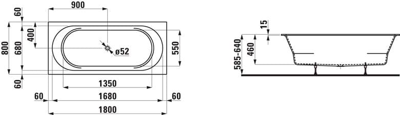 LAUFEN PRO vana 180x80 cm, s nožičkami, Marbond H2409500000001 Technický nákres