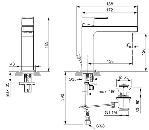 IDEAL STANDARD EDGE GRANDE SLIM umyvadlová stojánková baterie, s odtokovou soupravou, chrom A7106AA Technický nákres