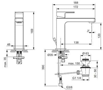 IDEAL STANDARD EDGE GRANDE SLIM umyvadlová stojánková baterie, s odtokovou soupravou, chrom A7106AA Technický nákres