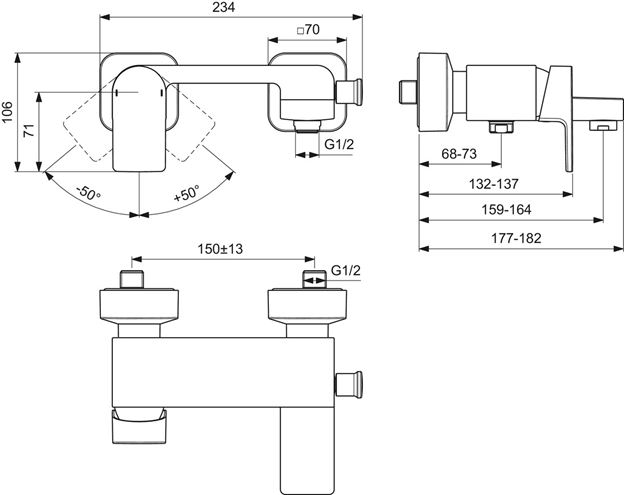 IDEAL STANDARD EDGE vanová nástěnná baterie, s přepínačem, chrom A7121AA Technický nákres