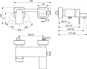 IDEAL STANDARD EDGE vanová nástěnná baterie, s přepínačem, chrom A7121AA Technický nákres
