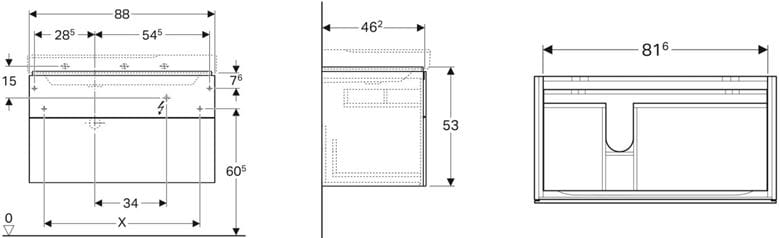 GEBERIT XENO2 skříňka pod umyvadlo 88x46,2x53 cm, 2 zásuvky, Push-open, s osvětlením, šedá 500.515.43.1 Technický nákres