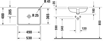 DURAVIT STARCK 3 umyvadlo 49 cm, s přepadem 0305490000 Technický nákres