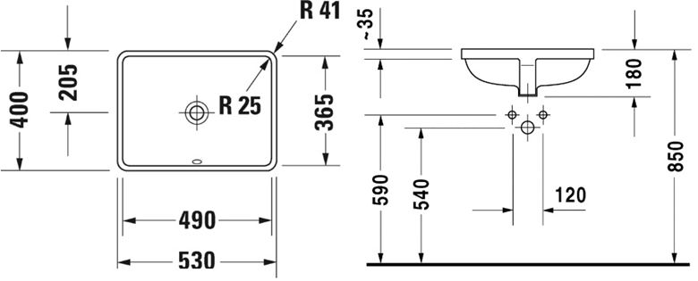 DURAVIT STARCK 3 umyvadlo 49 cm, s přepadem 0305490000 Technický nákres