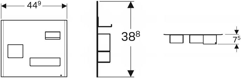 GEBERIT magnetická tabule 44,9x7,5x38,8 cm, nástěnná, s přihrádkami, matná černá 500.649.16.1 Technický nákres
