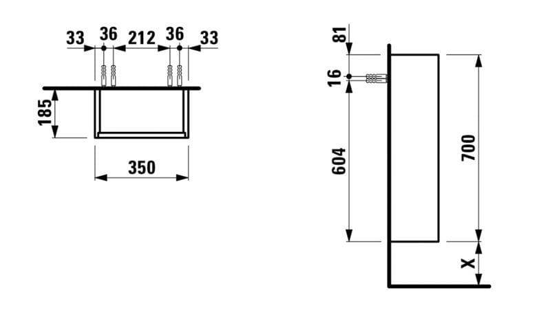 LAUFEN BASE nízká skříňka 35x18,5x70 cm, 1 dvířka panty vpravo, lesklá bílá H4026121102611 Technický nákres