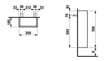 LAUFEN BASE nízká skříňka 35x18,5x70 cm, 1 dvířka panty vpravo, lesklá bílá H4026121102611 Technický nákres