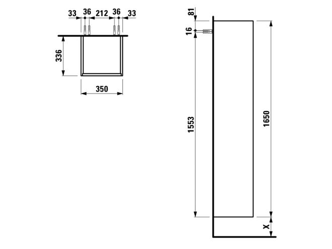 LAUFEN BASE vysoká skříňka 35x33,5x165 cm, 2 dvířka, 1 police, panty vlevo, Push-open, lesklá bílá H4027011102611 Technický nákres
