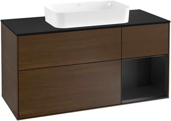 VILLEROY & BOCH FINION skříňka pod umyvadlo 120x50,1x60,3 cm, 3 zásuvky, 1 police, Push-open, s osvětlením, Walnut Veneer/Black Matt Lacquer G712PDGN Obrázek - Hlavní obrázek
