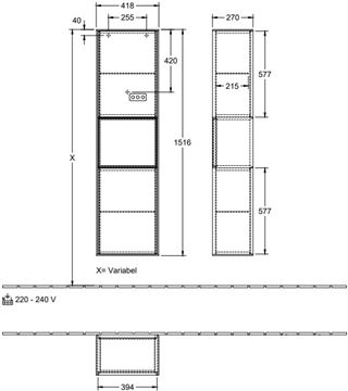 VILLEROY & BOCH FINION vysoká skříňka 41,8x27x151,6 cm, 2 dvířka, police, panty vpravo, s osvětlením, Walnut/, matt Black G470PDGN Technický nákres