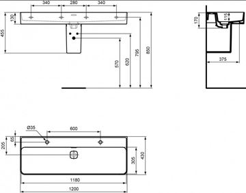 IDEAL STANDARD STRADA II umyvadlo 120 cm, se 2 otvory pro baterie a přepadem T359501 Technický nákres