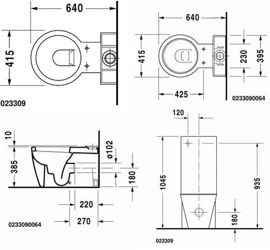 DURAVIT STARCK 1 WC kombi mísa, vario odpad 0233090064 Technický nákres