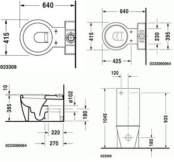 DURAVIT STARCK 1 WC kombi mísa, vario odpad 0233090064 Technický nákres