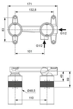 IDEAL STANDARD podomítkové těleso DN15 A1313NU Technický nákres