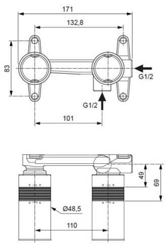 IDEAL STANDARD podomítkové těleso DN15 A1313NU Technický nákres