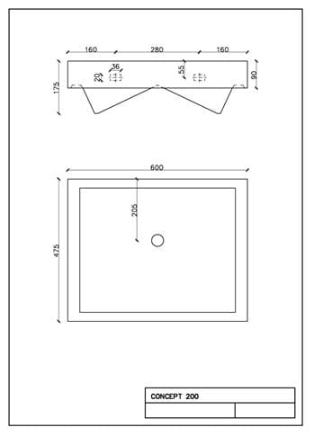 CONCEPT 200 skříňka s umyvadlem 60x48x56,5 cm, 2 zásuvky, bříza/bílá C200.2 + H818952 Technický nákres