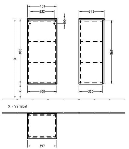 VILLEROY & BOCH VERITY LINE nízká skříňka 40,1x34,3x88,8 cm, 1 dvířka, panty vpravo, Push-open, Oak Kansas B51601RH Technický nákres