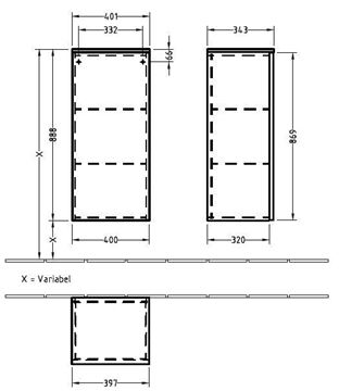 VILLEROY & BOCH VERITY LINE nízká skříňka 40,1x34,3x88,8 cm, 1 dvířka, panty vpravo, Push-open, Oak Kansas B51601RH Technický nákres