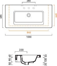 CONCEPT 300 umyvadlo 100 cm, s otvorem pro baterii a přepadem, Cataglaze 100CO300 Technický nákres