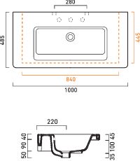 CONCEPT 300 umyvadlo 100 cm, s otvorem pro baterii a přepadem, Cataglaze 100CO300 Technický nákres