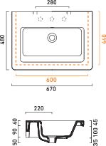 CONCEPT 300 umyvadlo 67 cm, s otvorem pro baterii a přepadem, Cataglaze 67CO300 Technický nákres