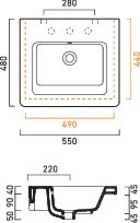 CONCEPT 300 umyvadlo 55 cm, s otvorem pro baterii a přepadem, Cataglaze 55CO300 Technický nákres