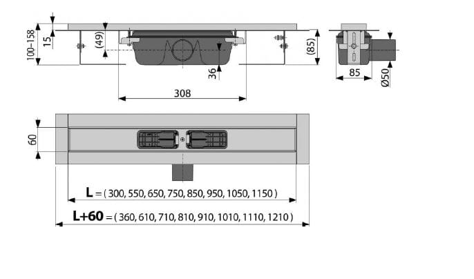CONCEPT 100 sprchový žlab 750 mm, do prostoru i ke stěně, boční odtok DN 50, bez roštu, PP/nerez ocel ZPC1-750 Technický nákres