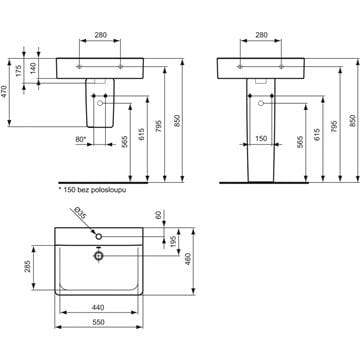 CONCEPT CUBE umyvadlo 55 cm s otvorem pro baterii a přepadem, alpská bílá E784201 Technický nákres