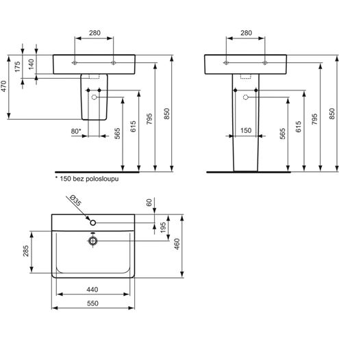 CONCEPT CUBE umyvadlo 55 cm s otvorem pro baterii a přepadem, alpská bílá E784201 Technický nákres