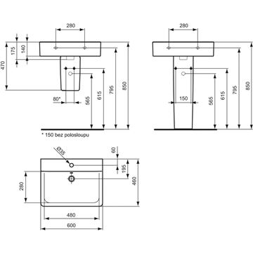 CONCEPT CUBE umyvadlo 60 cm, s otvorem pro baterii a přepadem, alpská bílá E794301 Technický nákres