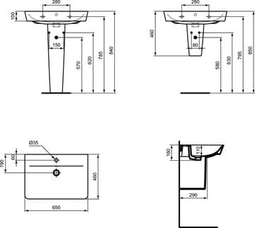 CONCEPT CUBE 2.0 umyvadlo 65 cm, s otvorem pro baterii a přepadem E074101 Technický nákres