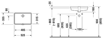 DURAVIT VERO umyvadlo 48,5 cm, s přepadem 0330480000 Technický nákres